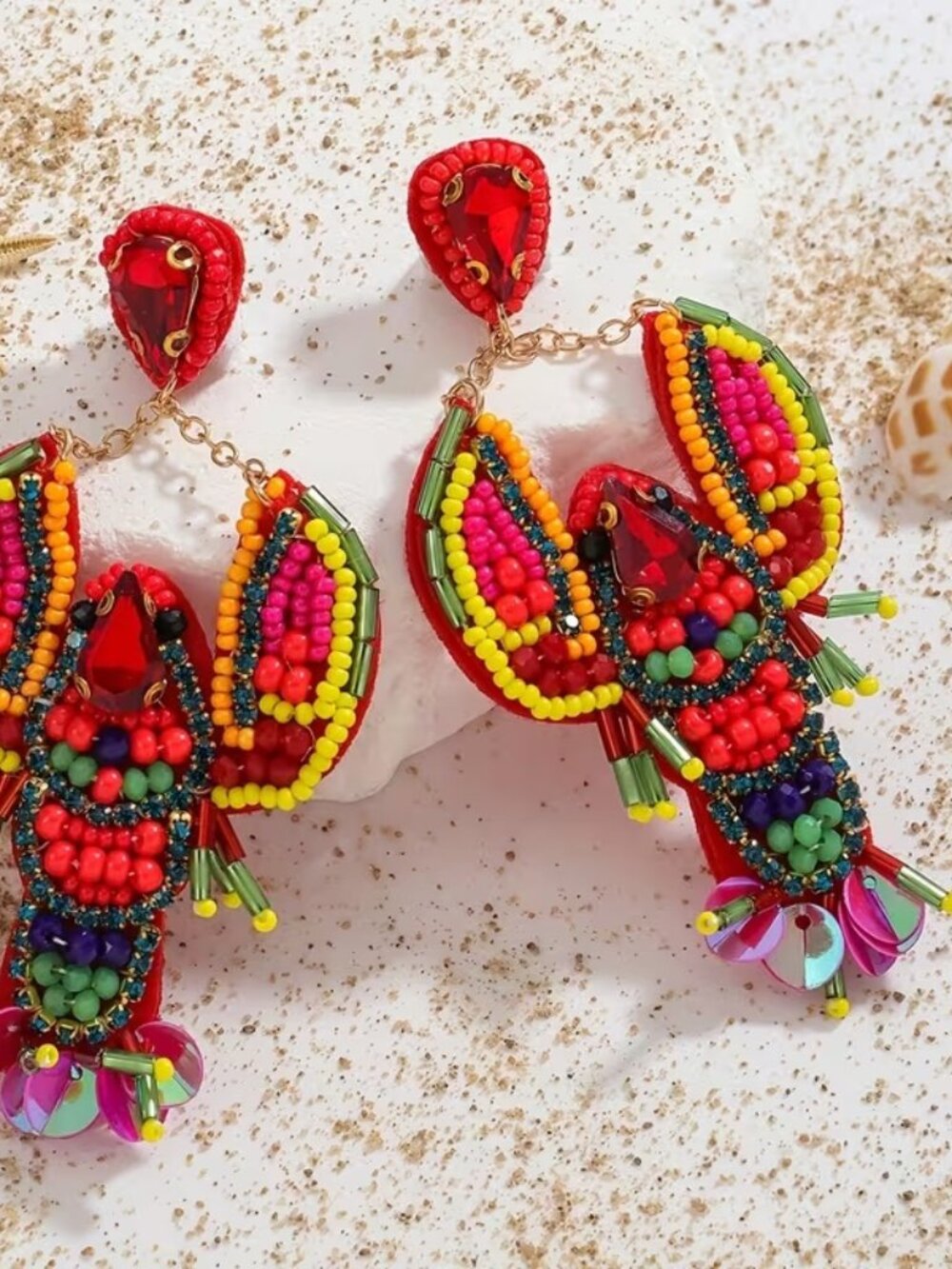 🆕️  RED Arisan Hand Made Large Blue Lobster Beaded Earrings NWOT